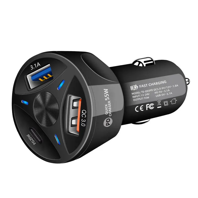 55W Multi USB Port Car Charger QC3.0 2USB+Type C Car USB Charger - Image 3