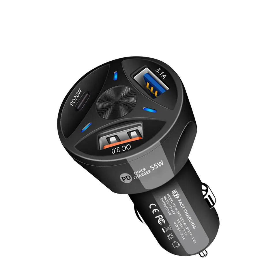 55W Multi USB Port Car Charger QC3.0 2USB+Type C Car USB Charger - Image 2