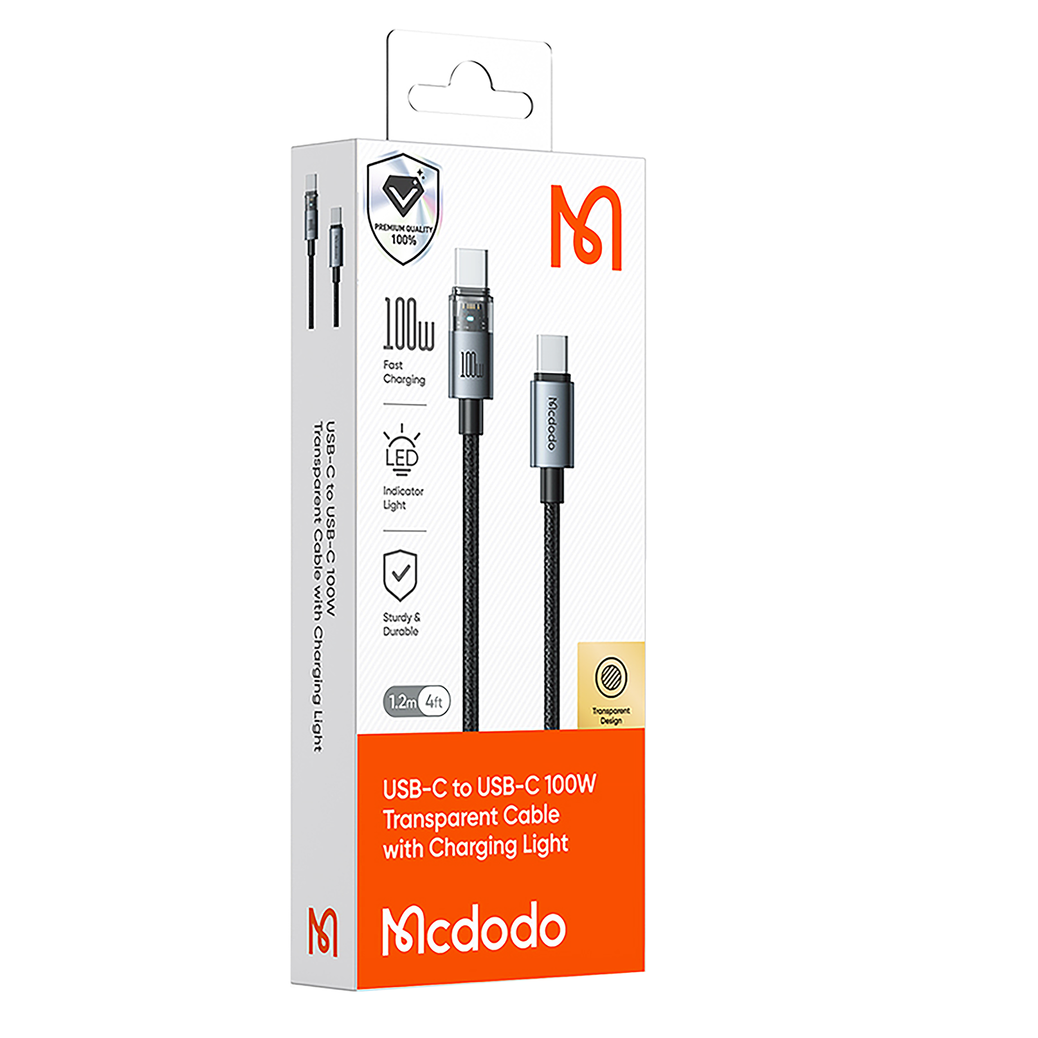 MCDODO 100W USB-C TO USB-C TRANSPARENT CABLE WITH CHARGING LIGHT 1.2M - Image 2